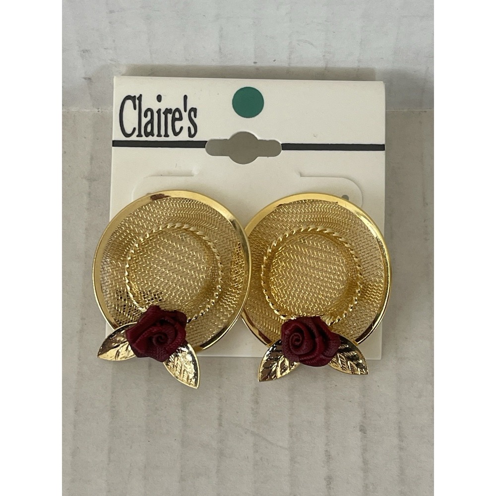 Vintage 90's Claire's Gold Tone Rose Hat Stud Earrings Cottagecore New Old Stock